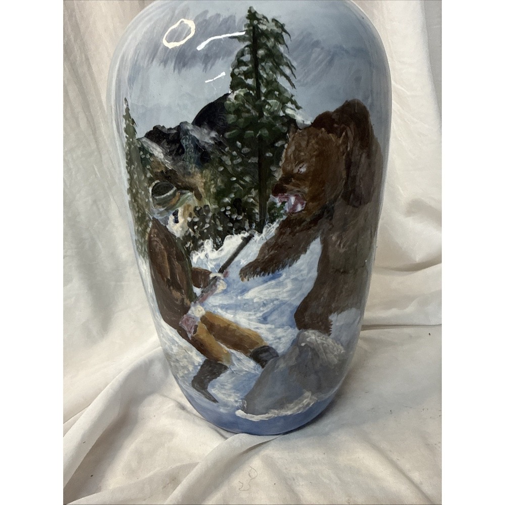 Vintage Handpaint Pottery Folk Art Vase Hunter Grizzly Bear Rustic Cabin Signed